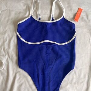 Colsie Blue and White Bodysuit Top with Ribbed Texture